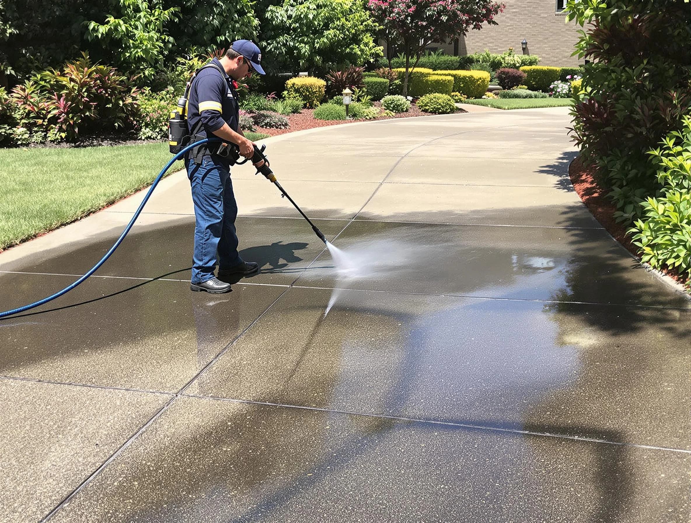 Experienced North Ridgeville Power Washing team member pressure washing a driveway in North Ridgeville