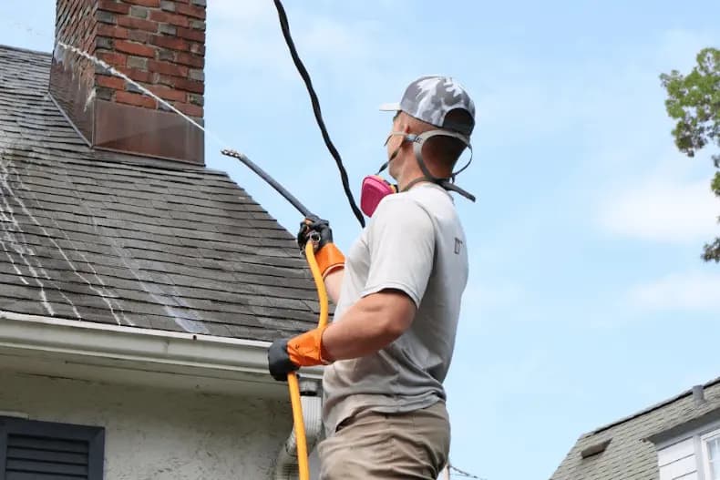 North Ridgeville Power Washing professional performing gentle roof washing service in North Ridgeville